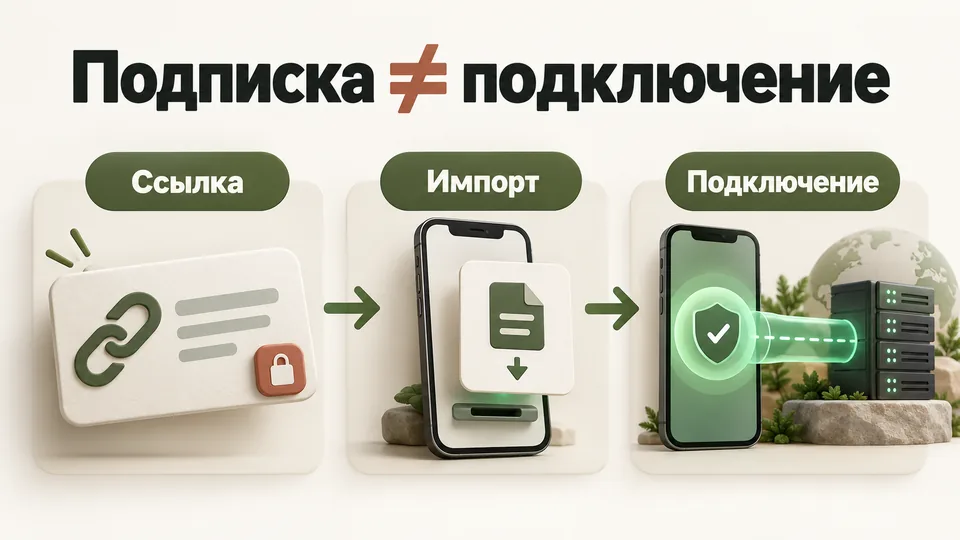 Подписка не равна подключению: схема из трёх стадий — личная ссылка, импорт в приложение, соединение телефона с сервером