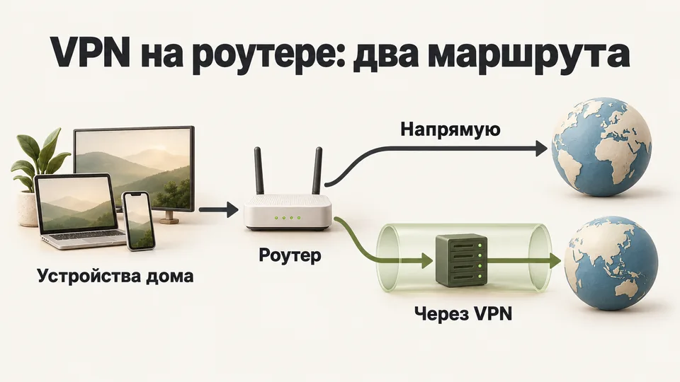 VPN на роутере: устройства подключаются к роутеру, который распределяет трафик между прямым маршрутом и VPN