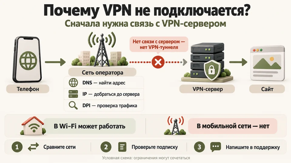 Путь подключения: телефон, сеть оператора, VPN-сервер и сайт. Если сервер недоступен, туннель не создаётся