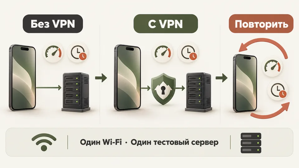 Порядок сравнения: без VPN, с VPN, снова без VPN; устройство, сеть и тестовый сервер остаются прежними